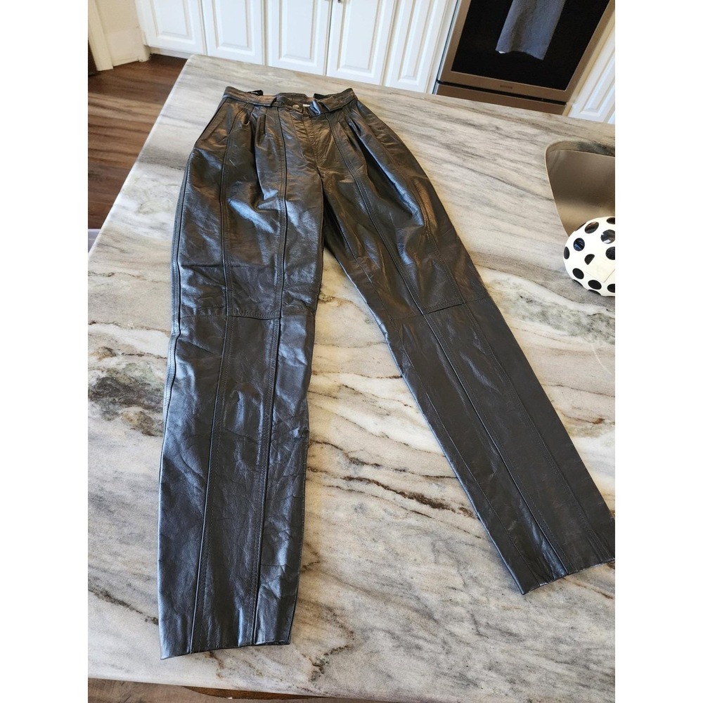 Vintage Arlando Motorcycle Dress High Rise 100% Leather Pleated Black‎ Pants XS